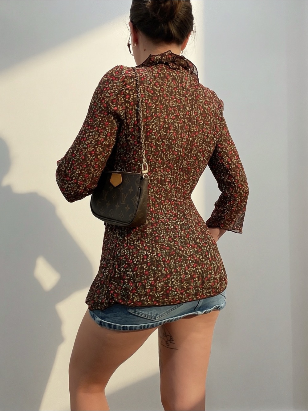 Floral Ruffle-Trim Brown Button Front Top - Picture 5 of 5